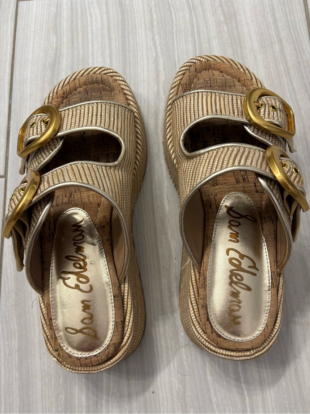 Sam Edelman Beige Woven Double-Buckle Slide Mules